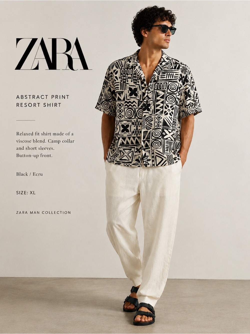 Zara Men Abstract Tribal Print Resort Button Shirt NWT XL Resort Euro Summer B2